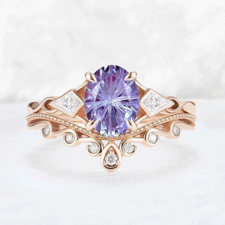 Unique Oval Shaped Fire Cut Alexandrite Three Stone Gemstone Ring Set 2pcs