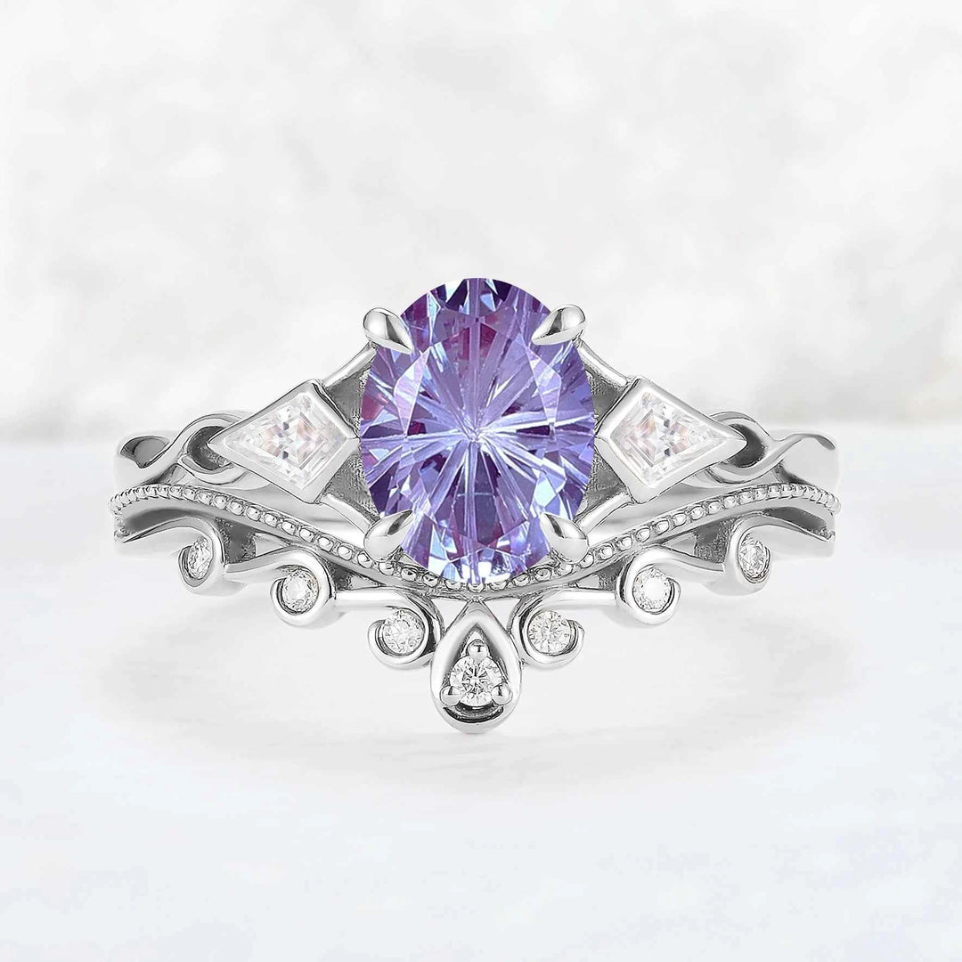 Unique Oval Shaped Fire Cut Alexandrite Three Stone Gemstone Ring Set 2pcs