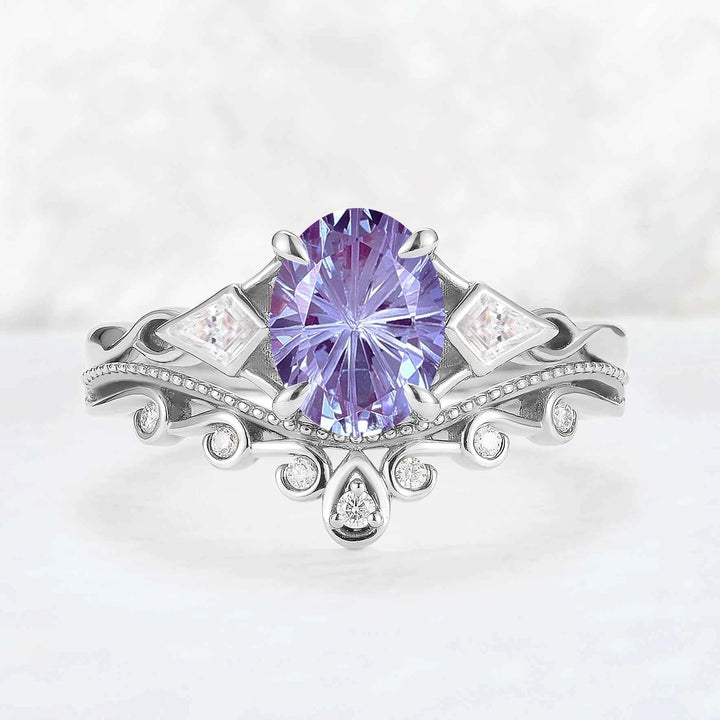 Unique Oval Shaped Fire Cut Alexandrite Three Stone Gemstone Ring Set 2pcs