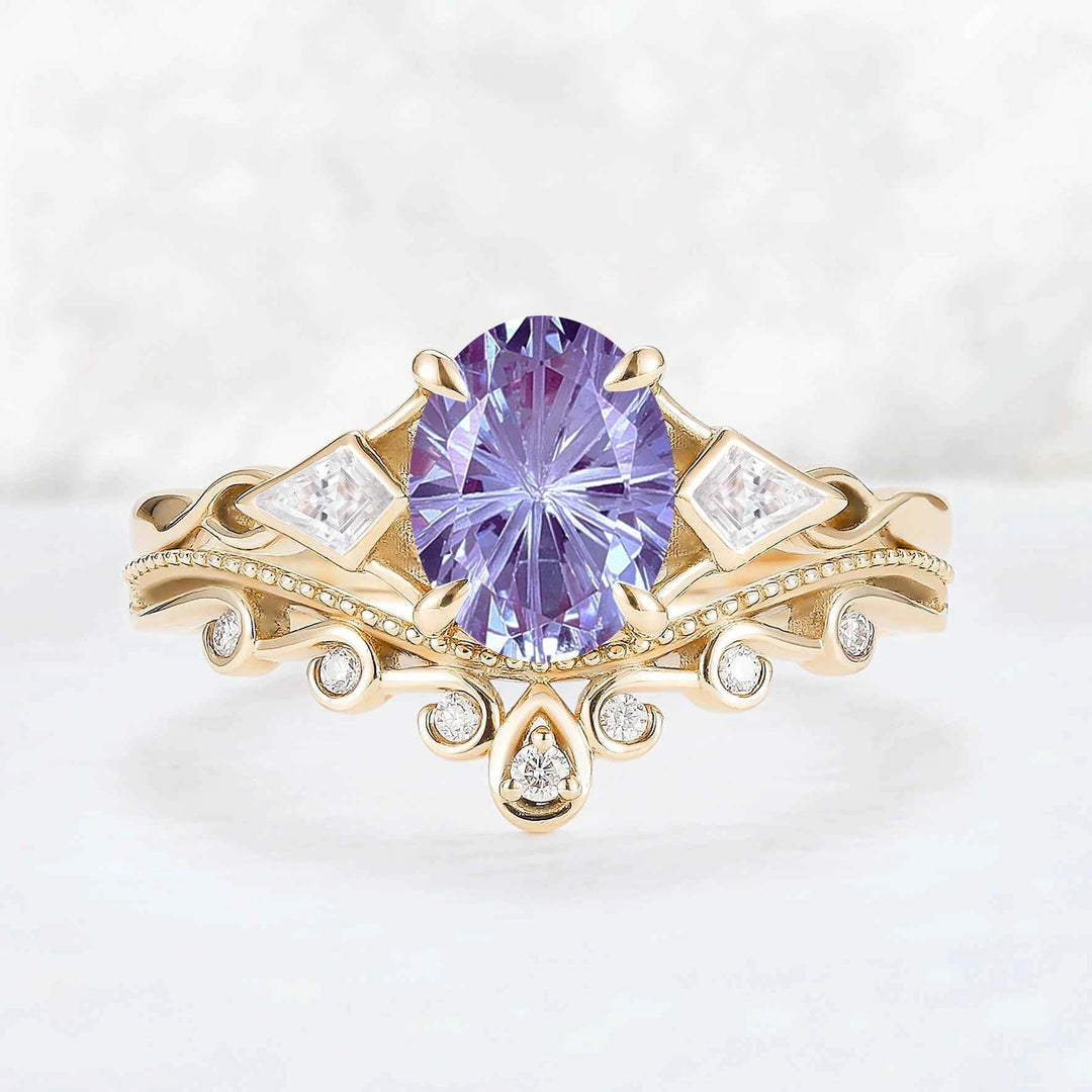 Unique Oval Shaped Fire Cut Alexandrite Three Stone Gemstone Ring Set 2pcs