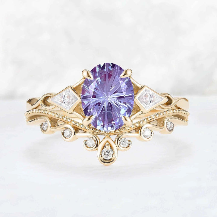 Unique Oval Shaped Fire Cut Alexandrite Three Stone Gemstone Ring Set 2pcs