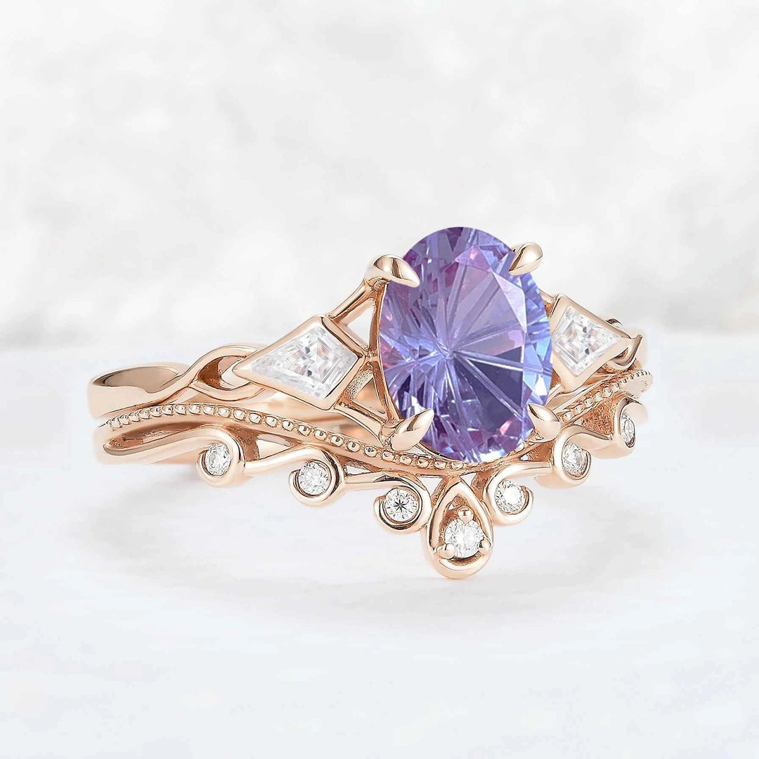 Unique Oval Shaped Fire Cut Alexandrite Three Stone Gemstone Ring Set 2pcs