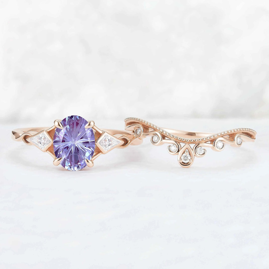 Unique Oval Shaped Fire Cut Alexandrite Three Stone Gemstone Ring Set 2pcs