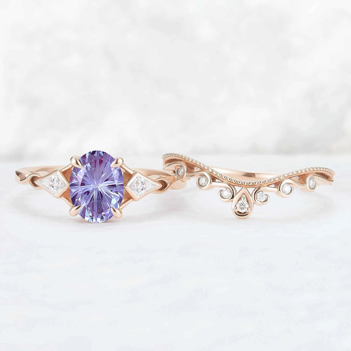 Unique Oval Shaped Fire Cut Alexandrite Three Stone Gemstone Ring Set 2pcs