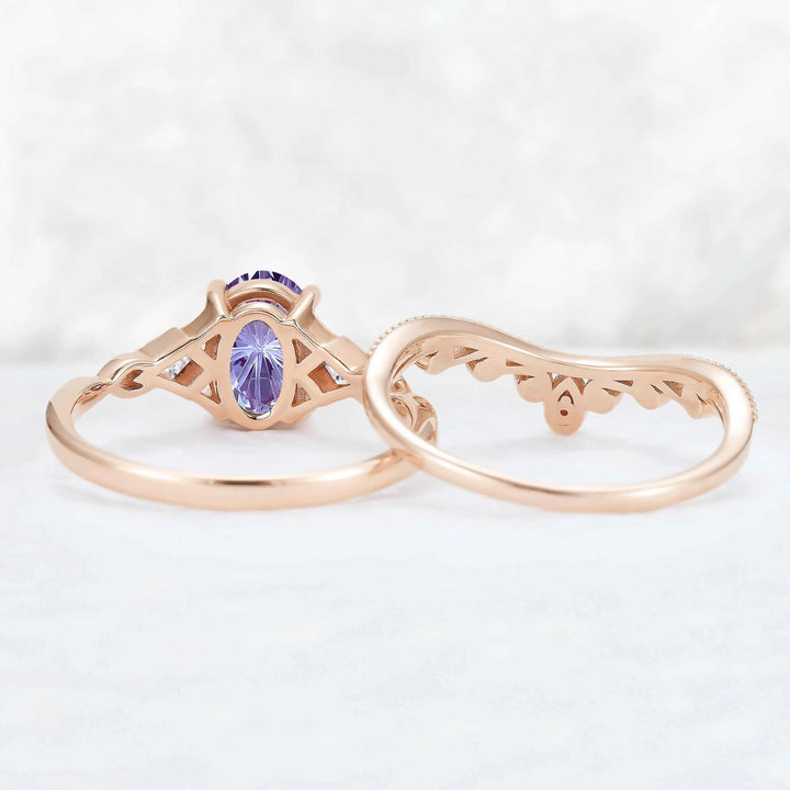 Unique Oval Shaped Fire Cut Alexandrite Three Stone Gemstone Ring Set 2pcs