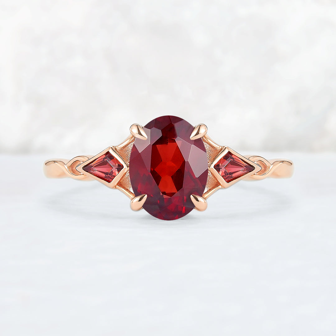 Unique Oval Shaped Garnet Three Stone Gemstone Ring
