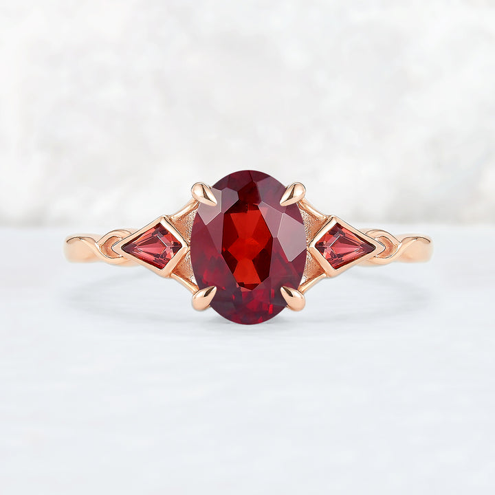 Unique Oval Shaped Garnet Three Stone Gemstone Ring