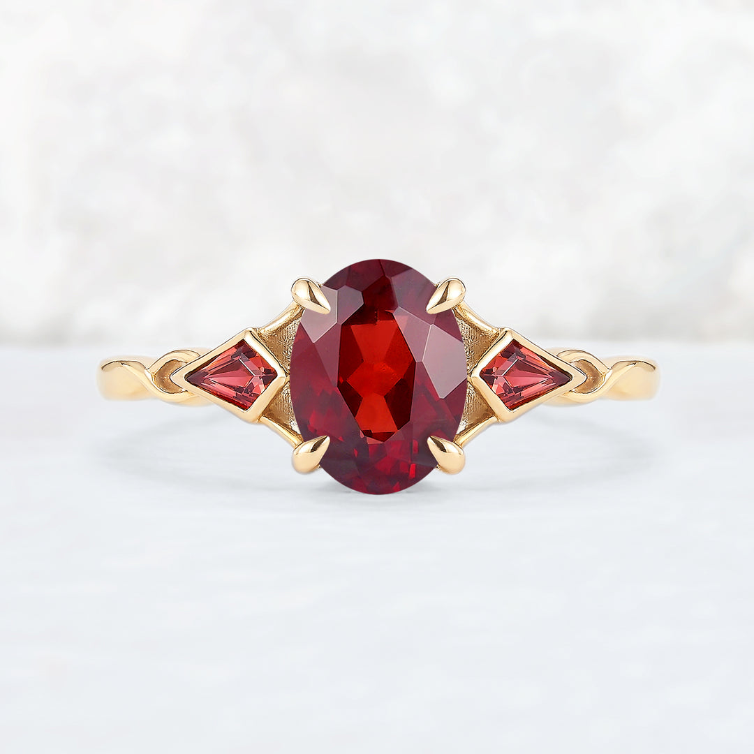 Unique Oval Shaped Garnet Three Stone Gemstone Ring