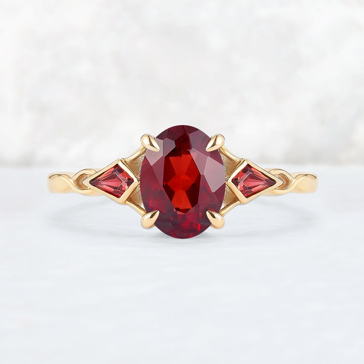 Unique Oval Shaped Garnet Three Stone Gemstone Ring