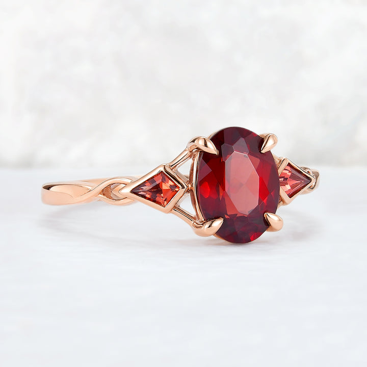 Unique Oval Shaped Garnet Three Stone Gemstone Ring