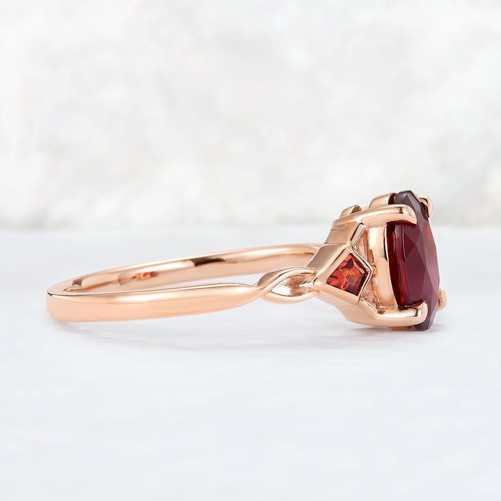 Unique Oval Shaped Garnet Three Stone Gemstone Ring