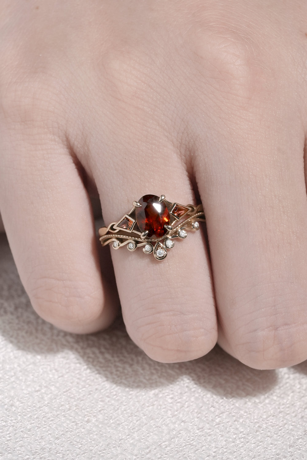 Unique Oval Shaped Garnet Three Stone Gemstone Ring Set 2pcs