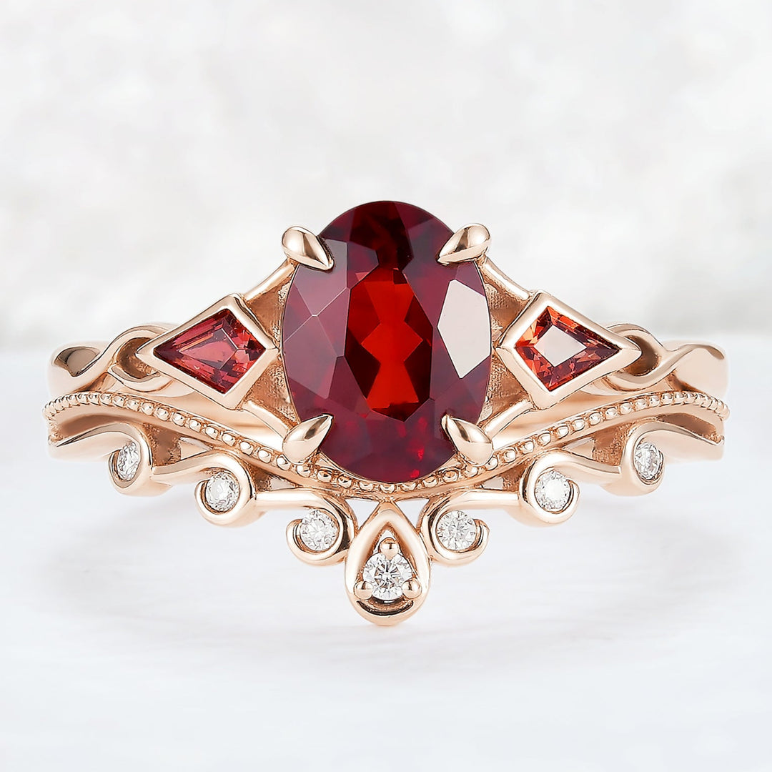 Unique Oval Shaped Garnet Three Stone Gemstone Ring Set 2pcs