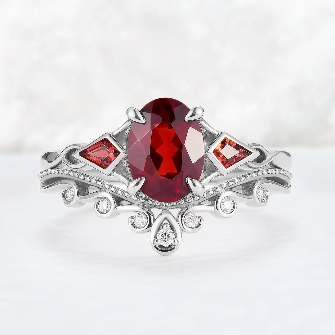 Unique Oval Shaped Garnet Three Stone Gemstone Ring Set 2pcs
