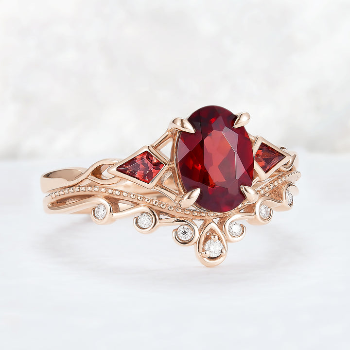Unique Oval Shaped Garnet Three Stone Gemstone Ring Set 2pcs