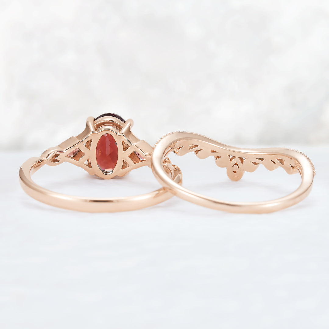 Unique Oval Shaped Garnet Three Stone Gemstone Ring Set 2pcs