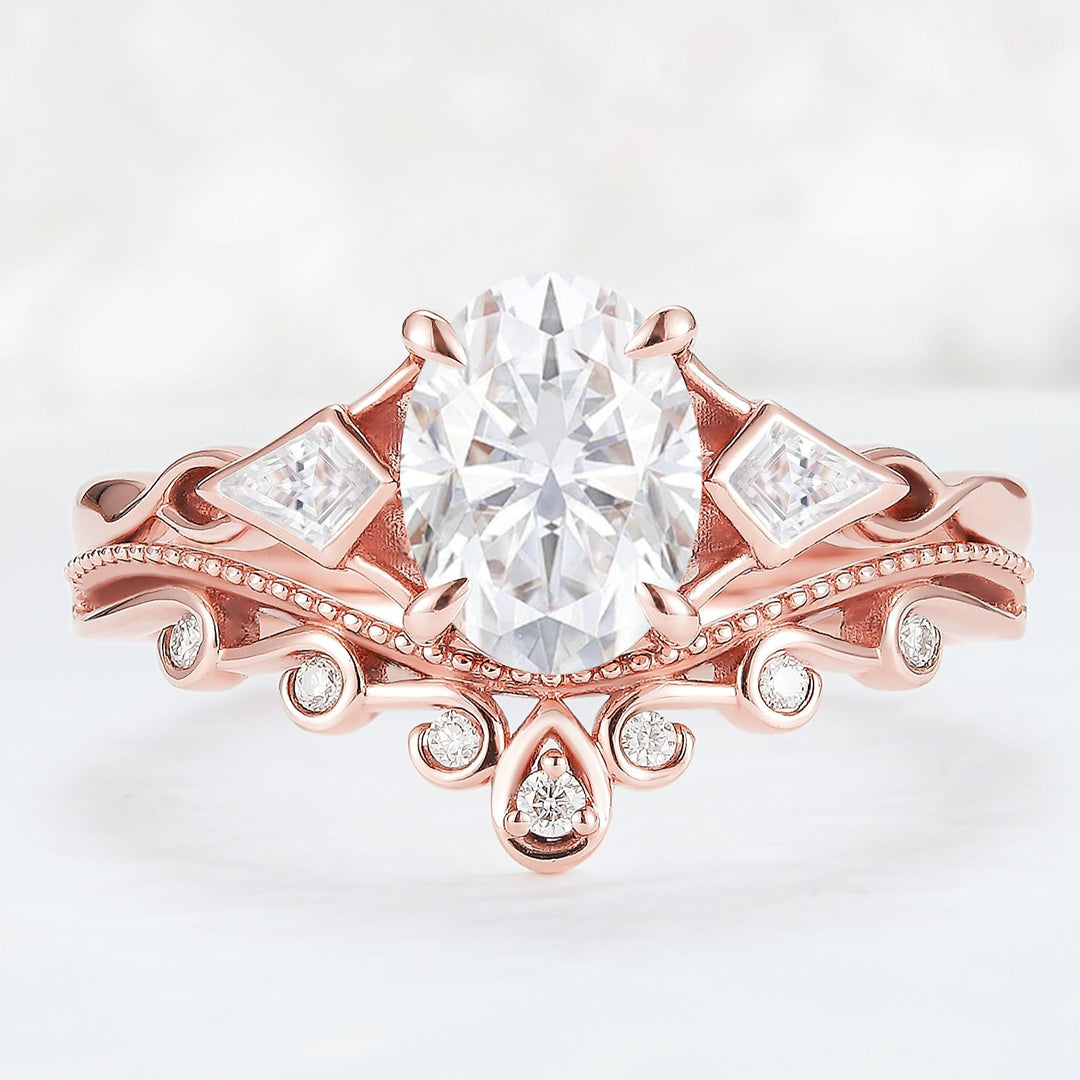 Unique Oval Shaped Moissanite Three Stone Engagement Ring Set 2pcs