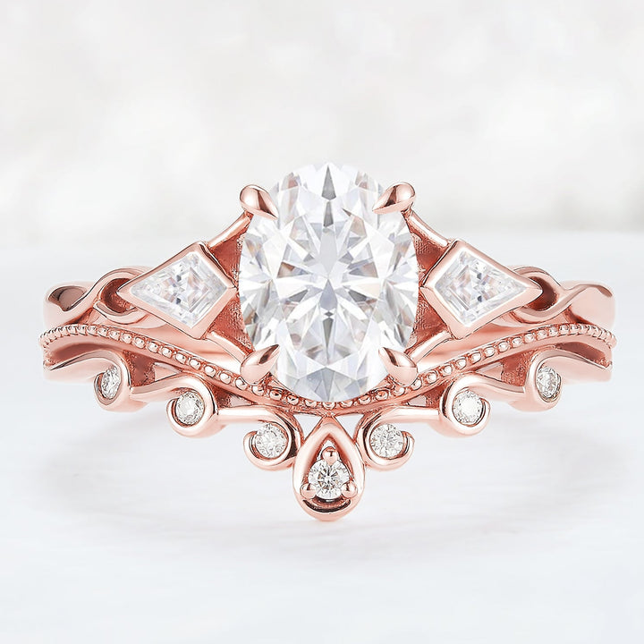 Unique Oval Shaped Moissanite Three Stone Engagement Ring Set 2pcs