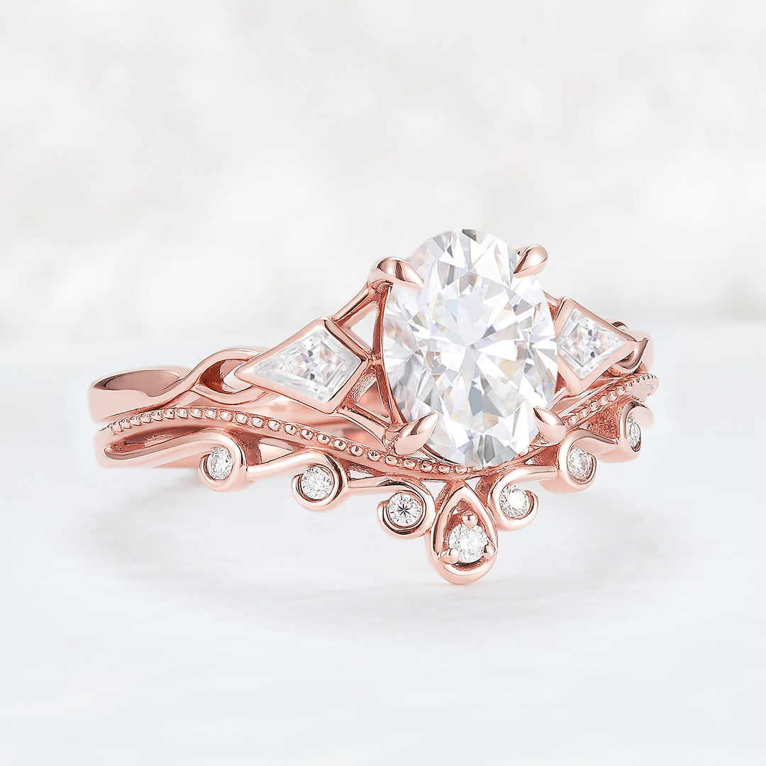 Unique Oval Shaped Moissanite Three Stone Engagement Ring Set 2pcs
