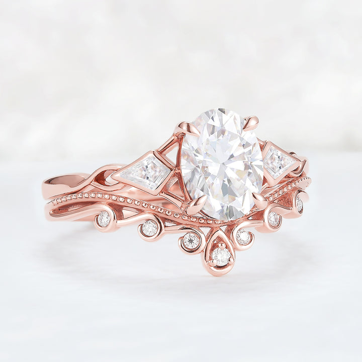 Unique Oval Shaped Moissanite Three Stone Engagement Ring Set 2pcs