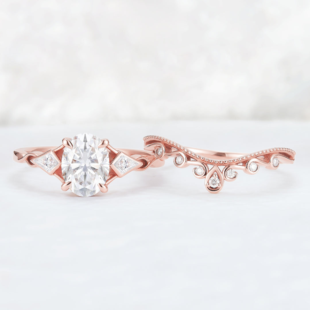 Unique Oval Shaped Moissanite Three Stone Engagement Ring Set 2pcs