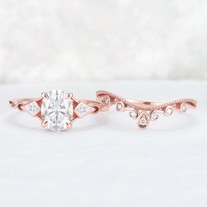 Unique Oval Shaped Moissanite Three Stone Engagement Ring Set 2pcs