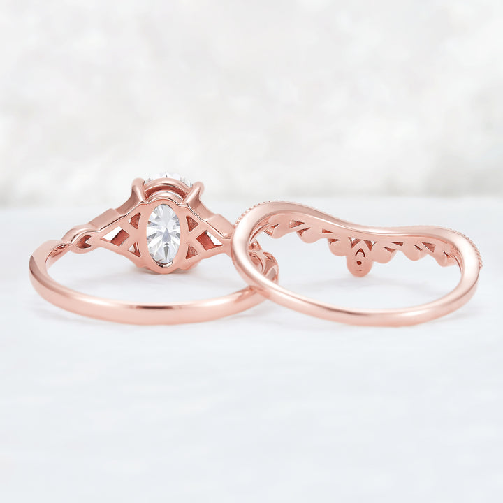 Unique Oval Shaped Moissanite Three Stone Engagement Ring Set 2pcs