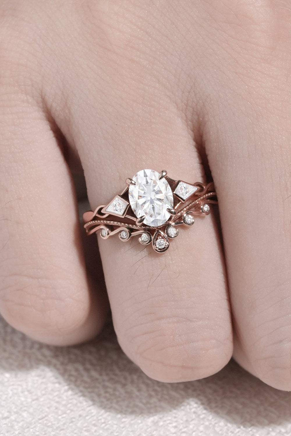 Unique Oval Shaped Moissanite Three Stone Engagement Ring Set 2pcs