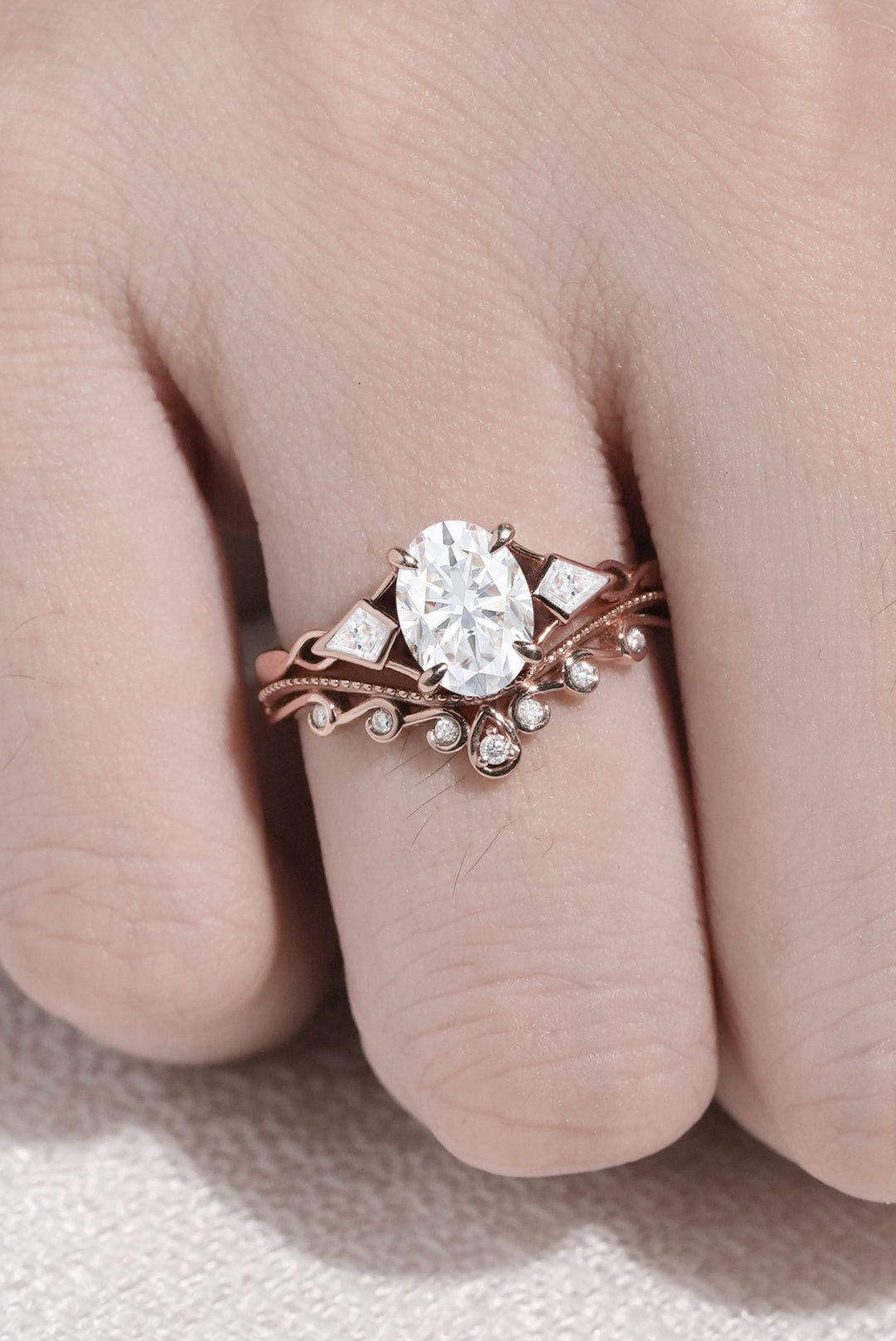 Unique Oval Shaped Moissanite Three Stone Engagement Ring Set 2pcs