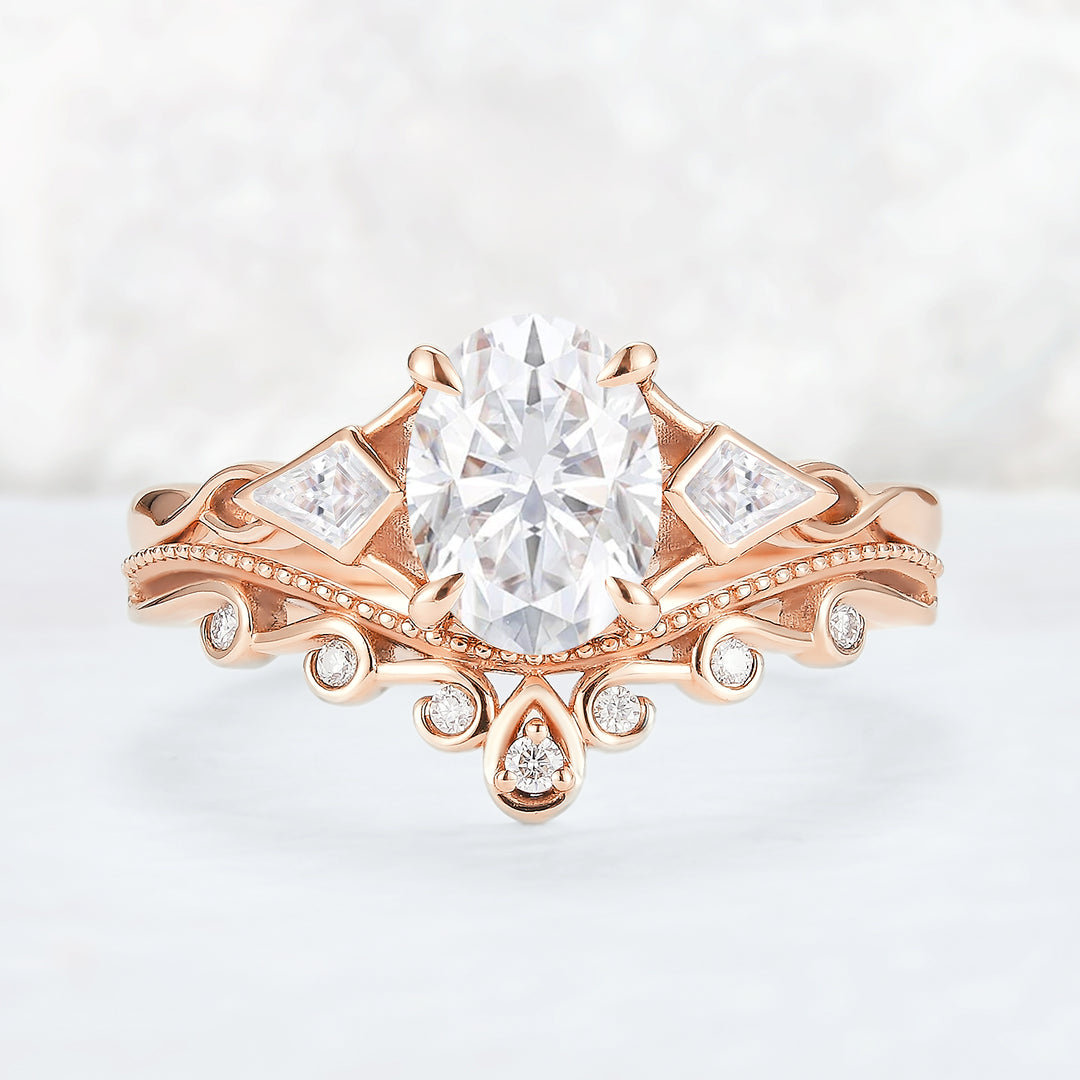 Unique Oval Shaped Moissanite Three Stone Gemstone Ring Set 2pcs