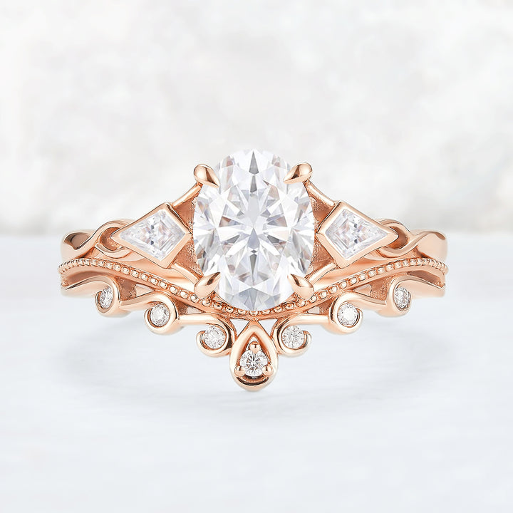 Unique Oval Shaped Moissanite Three Stone Gemstone Ring Set 2pcs