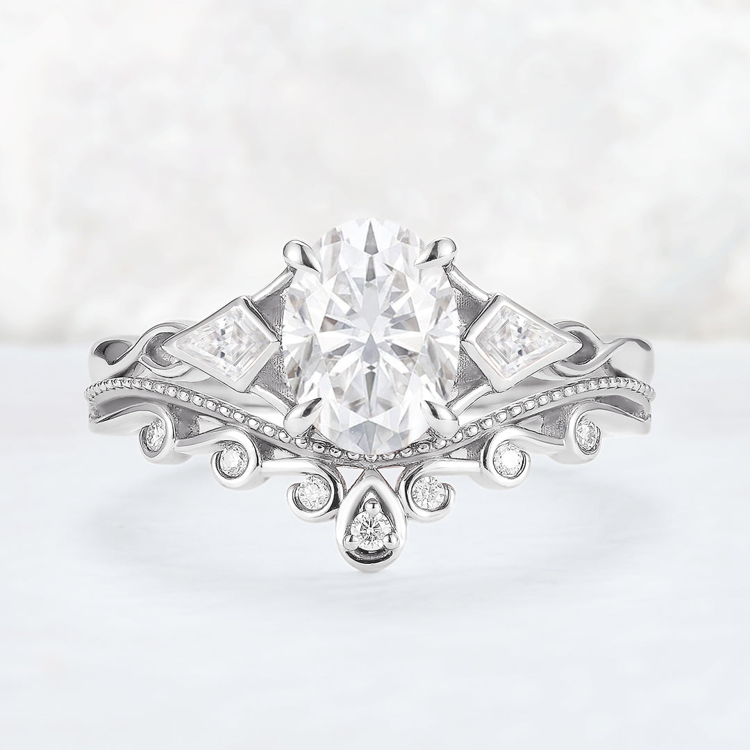 Unique Oval Shaped Moissanite Three Stone Gemstone Ring Set 2pcs