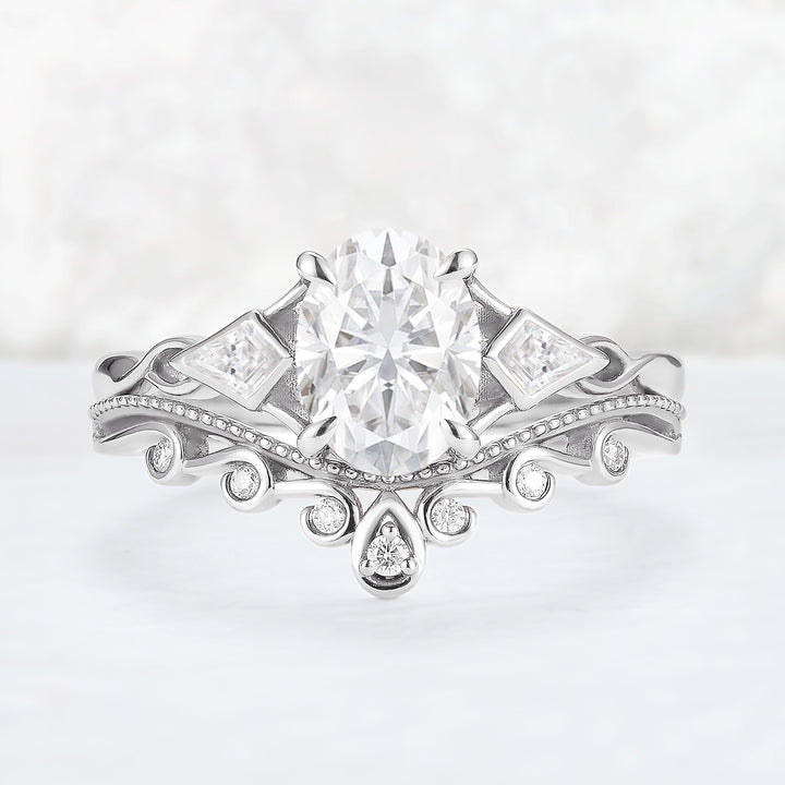 Unique Oval Shaped Moissanite Three Stone Gemstone Ring Set 2pcs