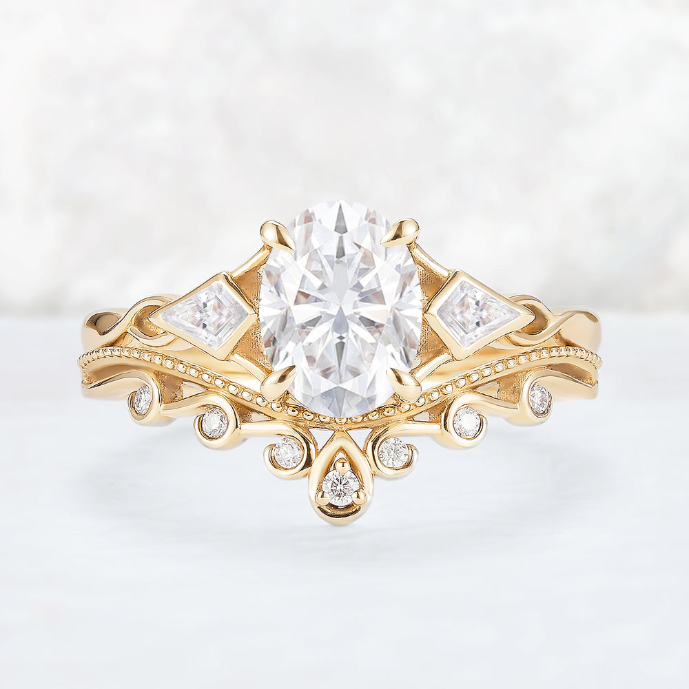 Unique Oval Shaped Moissanite Three Stone Gemstone Ring Set 2pcs