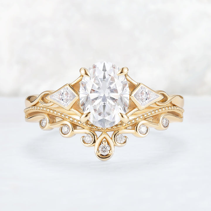 Unique Oval Shaped Moissanite Three Stone Gemstone Ring Set 2pcs