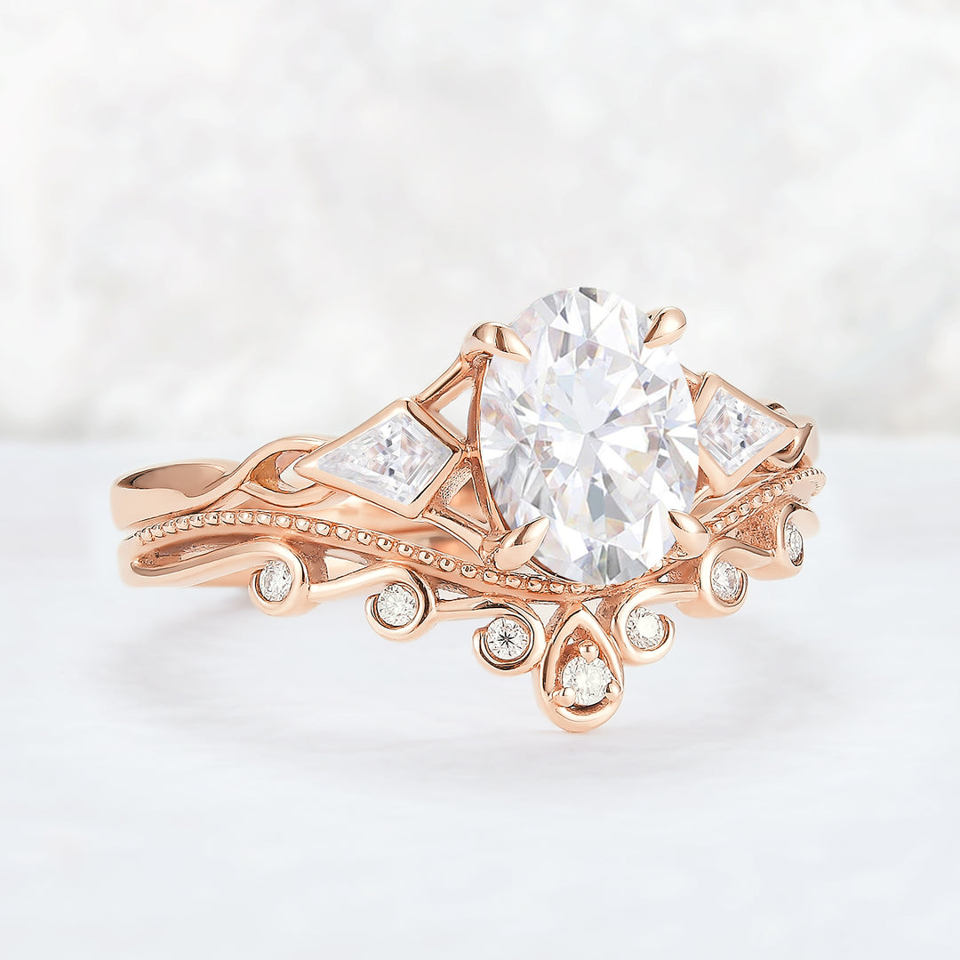 Unique Oval Shaped Moissanite Three Stone Gemstone Ring Set 2pcs