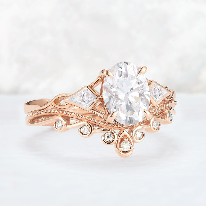 Unique Oval Shaped Moissanite Three Stone Gemstone Ring Set 2pcs