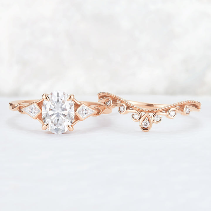 Unique Oval Shaped Moissanite Three Stone Gemstone Ring Set 2pcs