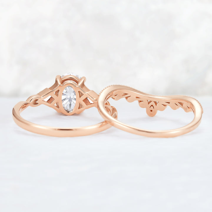 Unique Oval Shaped Moissanite Three Stone Gemstone Ring Set 2pcs