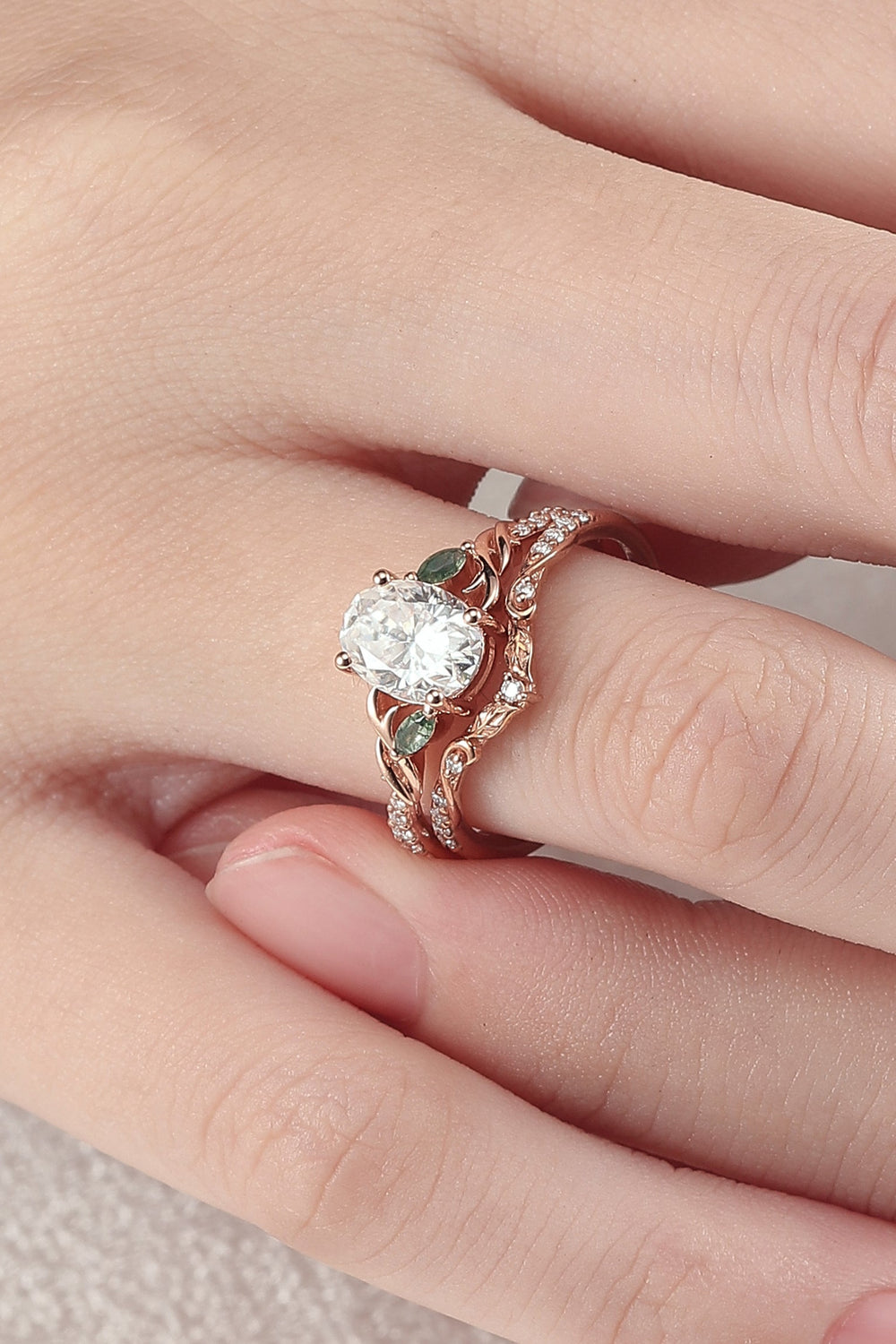 Unique Oval Shaped Moissanite Twig Ring Set 2pcs