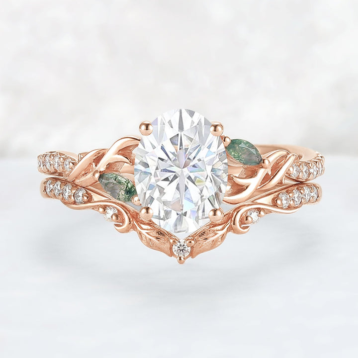 Unique Oval Shaped Moissanite Twig Ring Set 2pcs