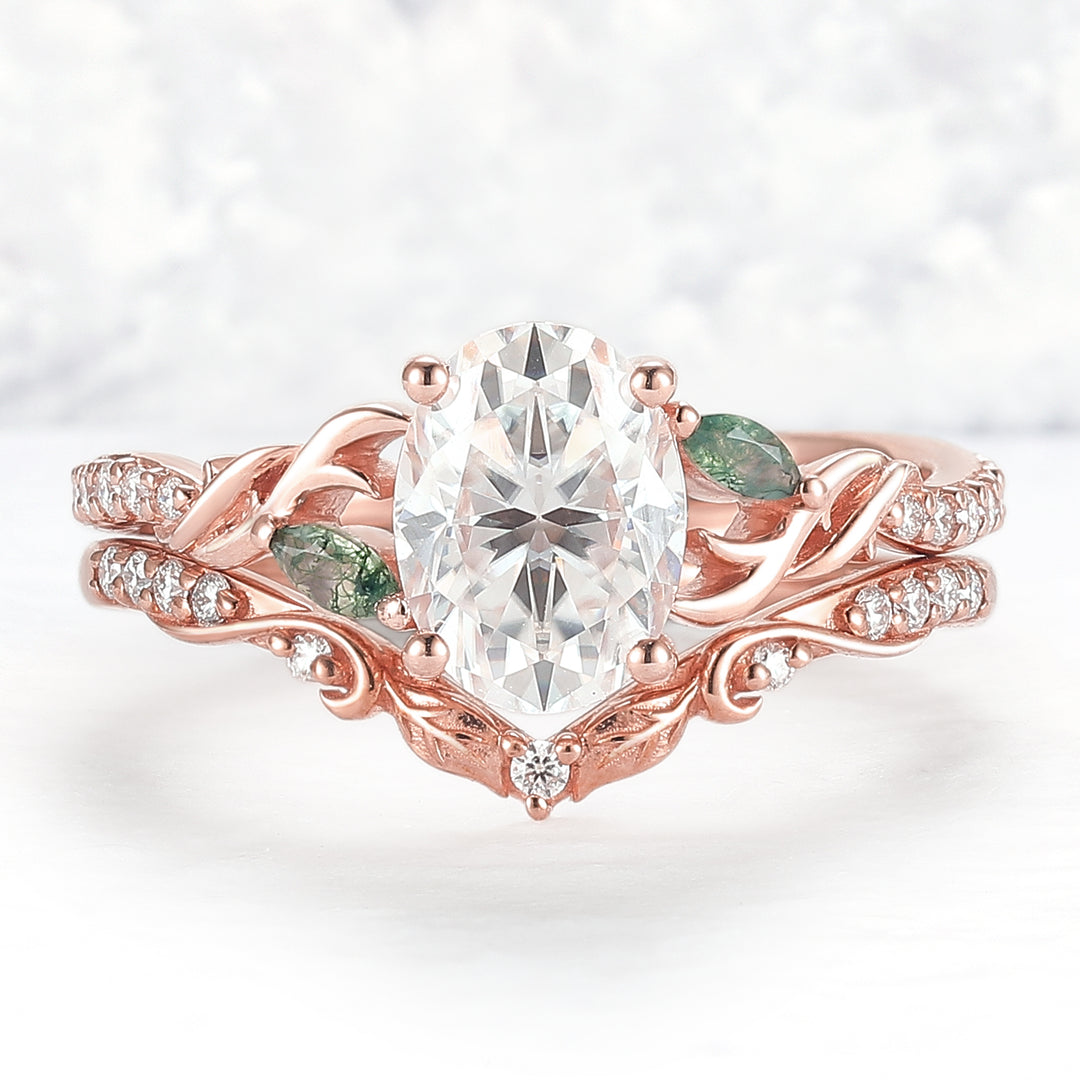 Unique Oval Shaped Moissanite Twig Ring Set 2pcs