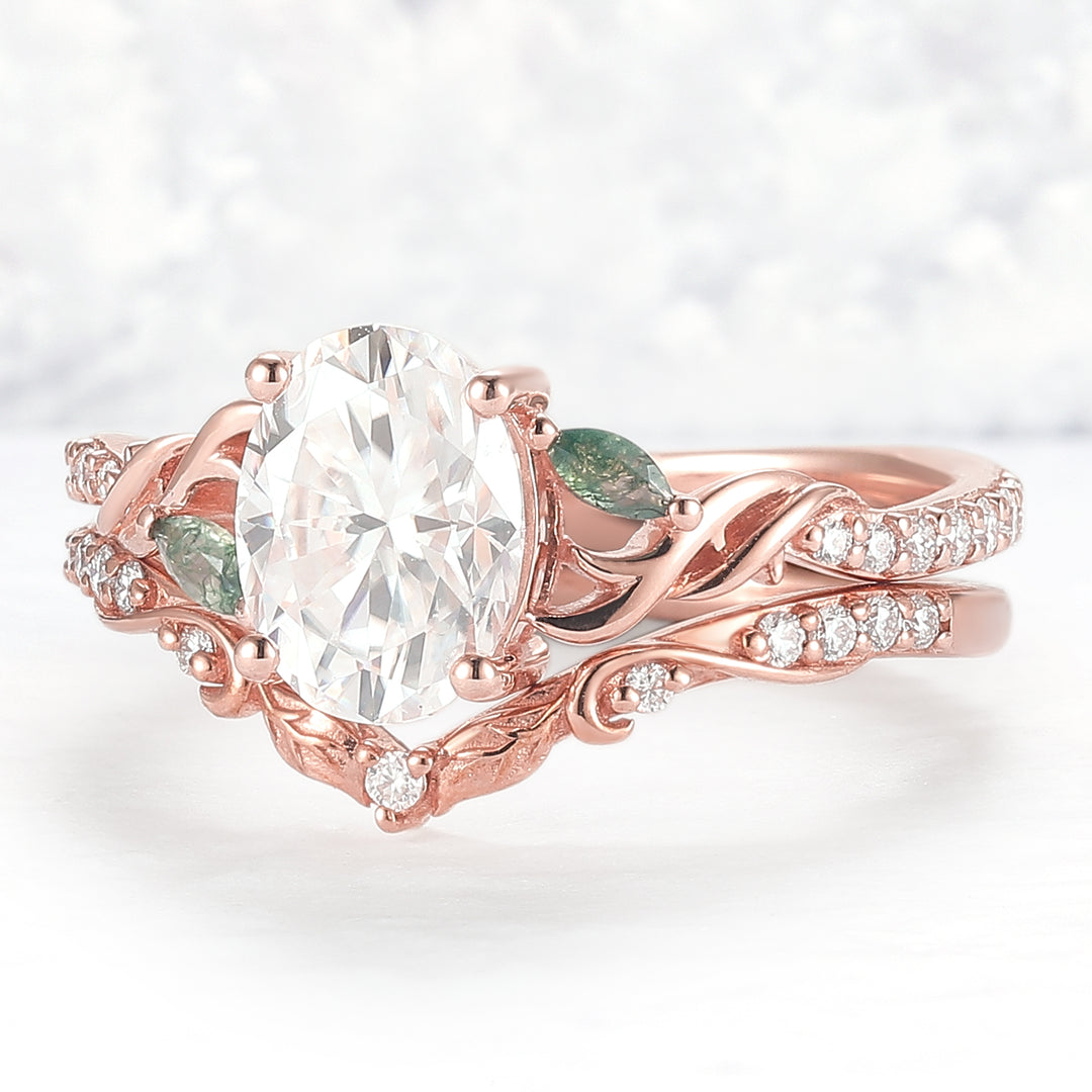 Unique Oval Shaped Moissanite Twig Ring Set 2pcs
