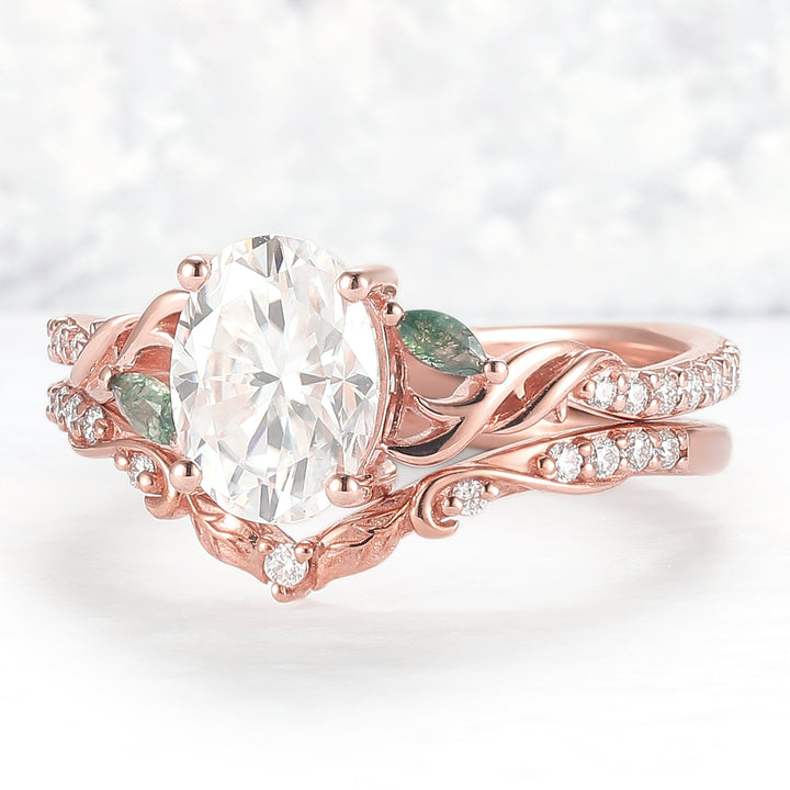 Unique Oval Shaped Moissanite Twig Ring Set 2pcs