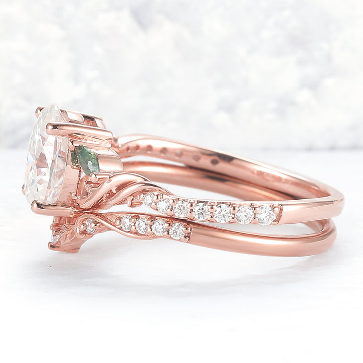 Unique Oval Shaped Moissanite Twig Ring Set 2pcs