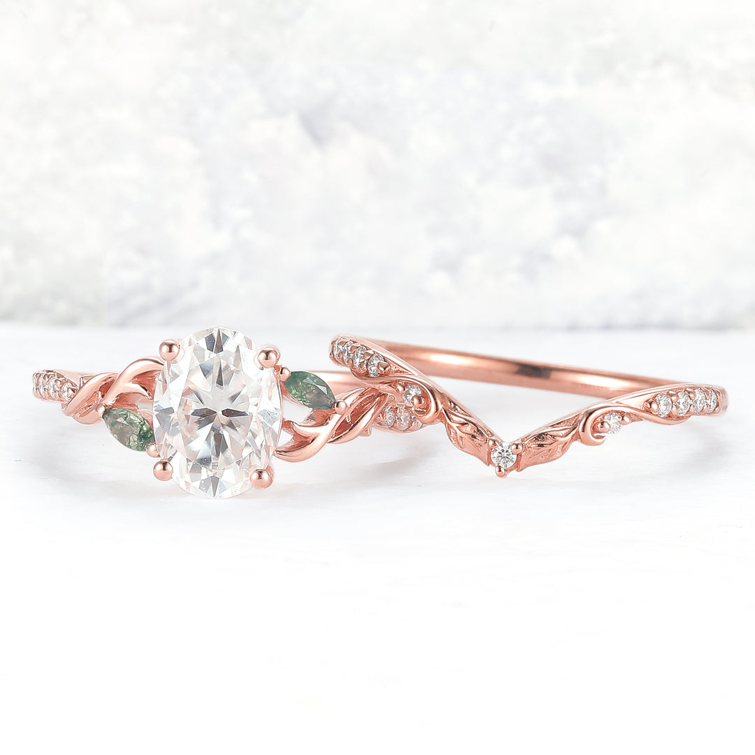 Unique Oval Shaped Moissanite Twig Ring Set 2pcs