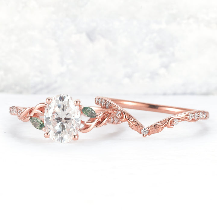 Unique Oval Shaped Moissanite Twig Ring Set 2pcs