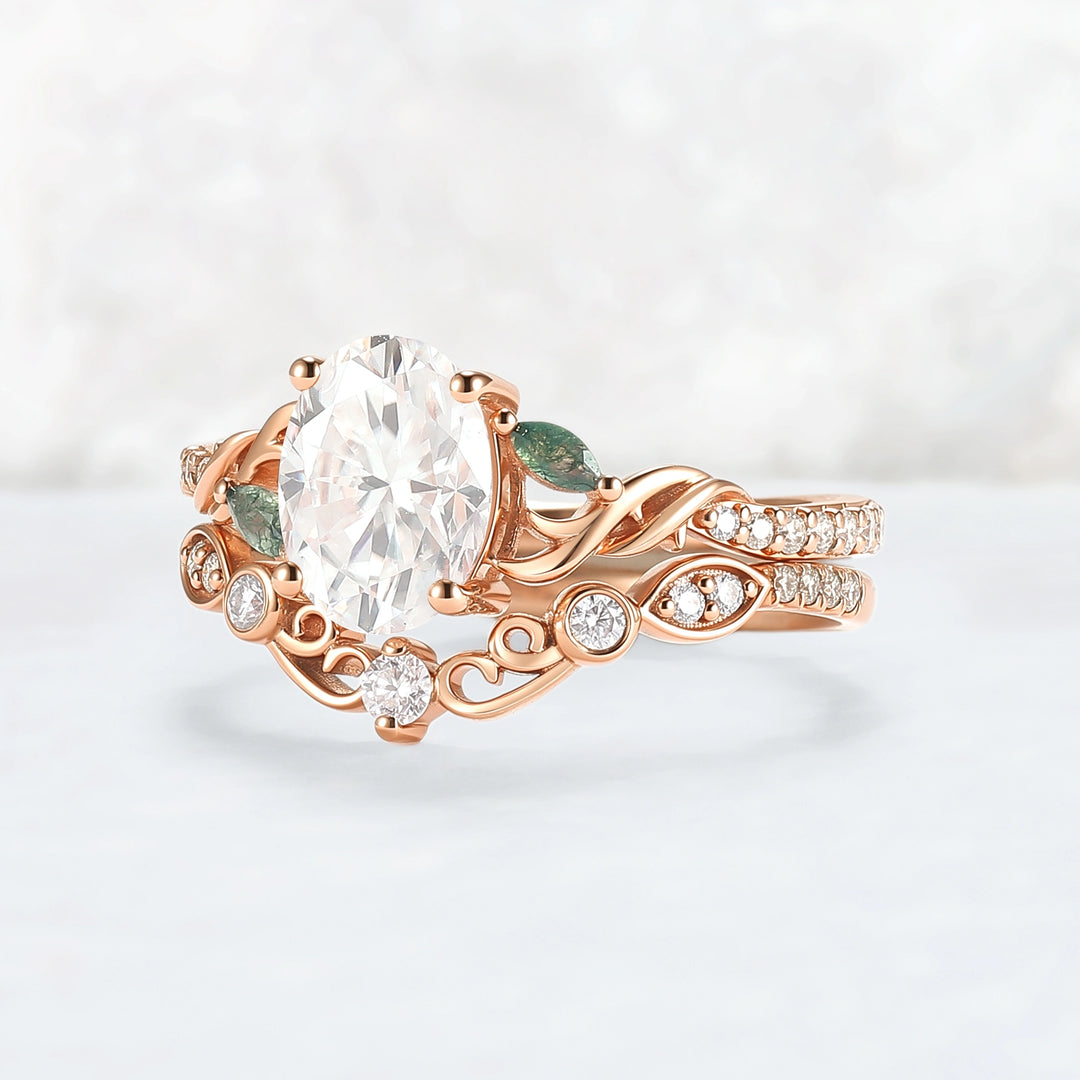Unique Oval Shaped Moissanite Twist Engagement Ring Set 2pcs
