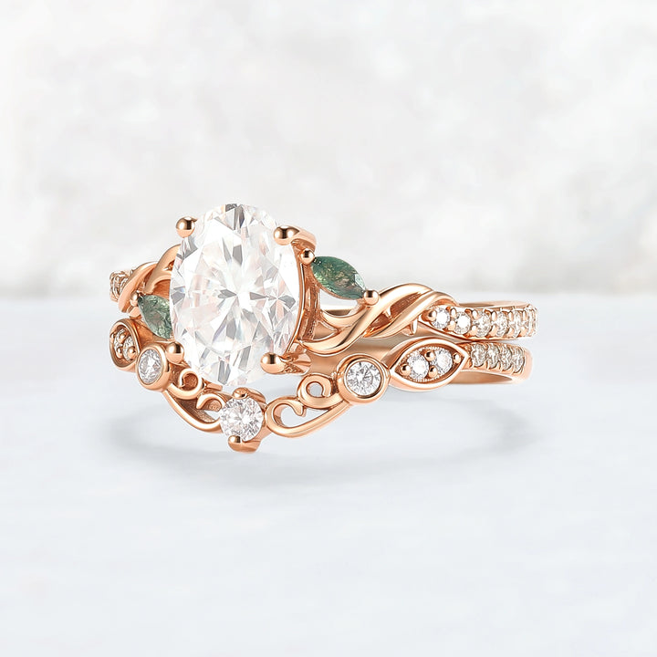 Unique Oval Shaped Moissanite Twist Engagement Ring Set 2pcs