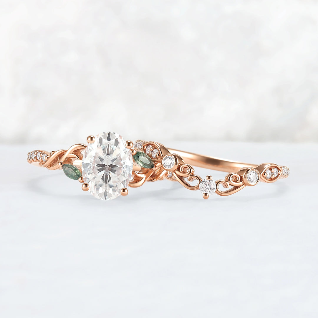 Unique Oval Shaped Moissanite Twist Engagement Ring Set 2pcs